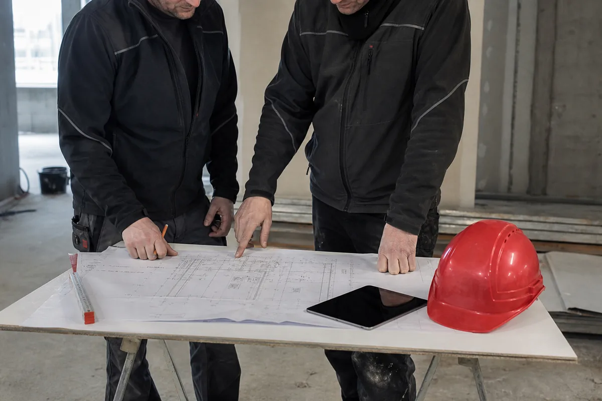 Zwei Fachkräfte besprechen einen Bauplan auf einem provisorischen Tisch auf der Baustelle