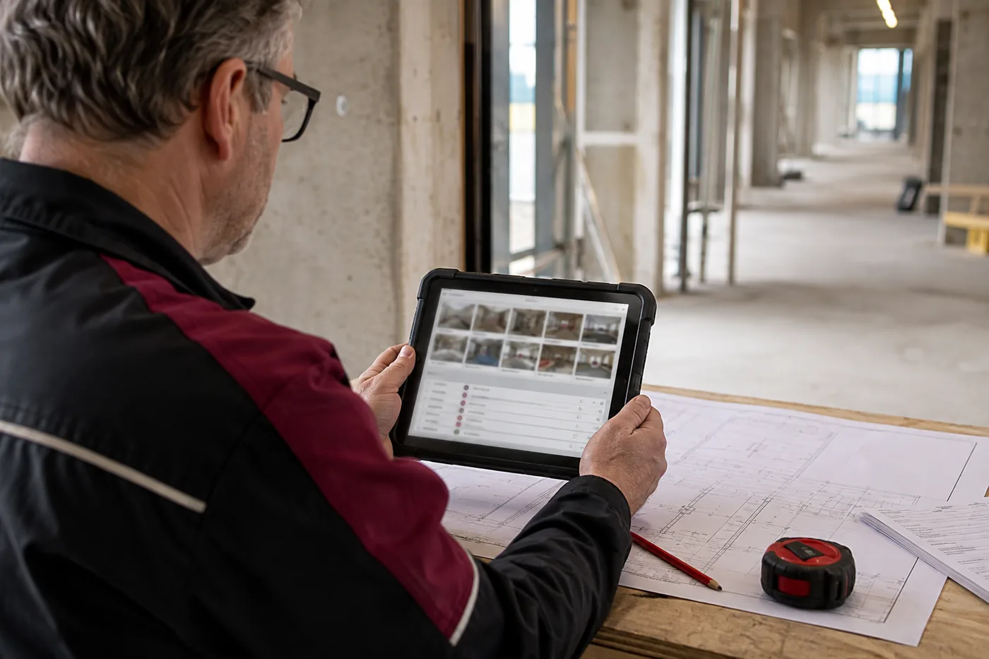 Fachkraft prüft Baustellenfotos und eine Checkliste auf einem Tablet