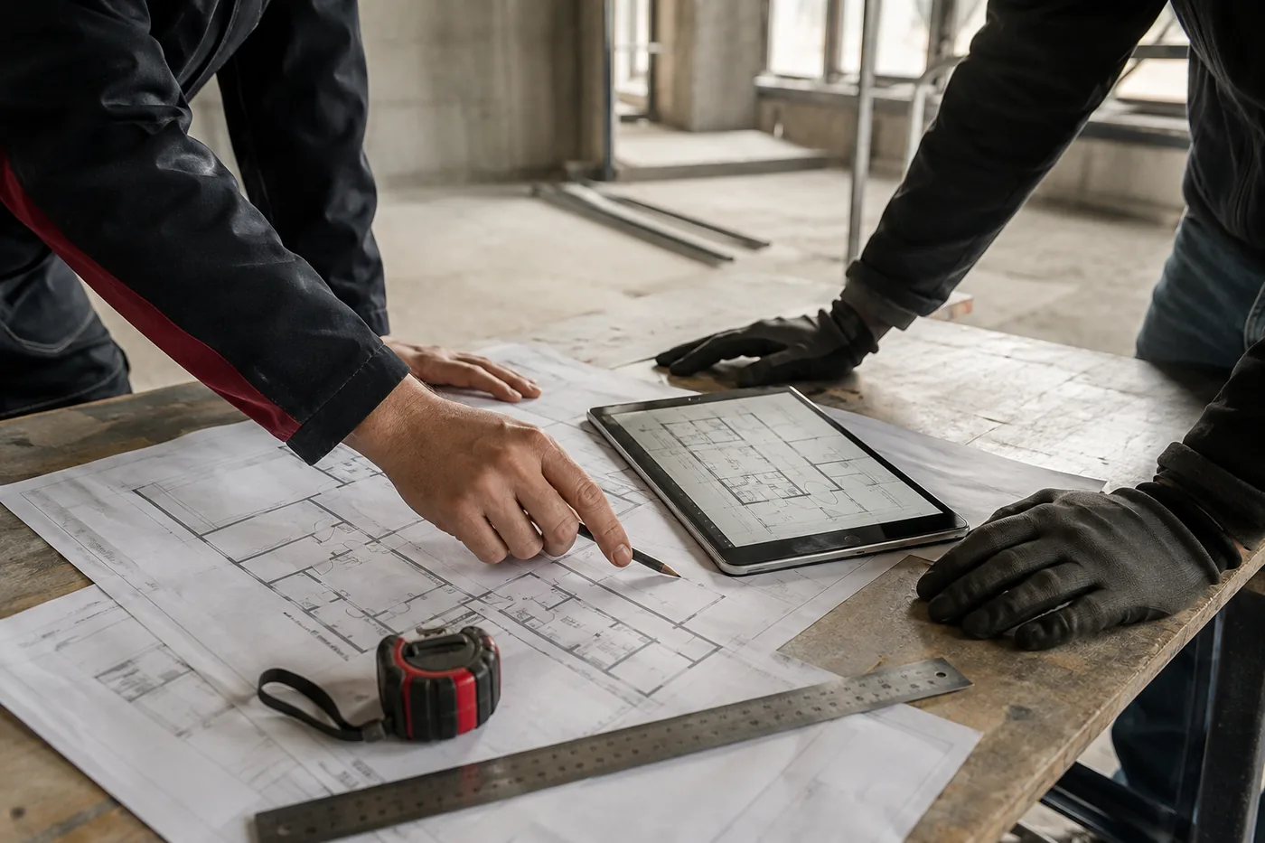 Fachkräfte stimmen Baupläne und Ausführungsdetails an einem Arbeitstisch ab