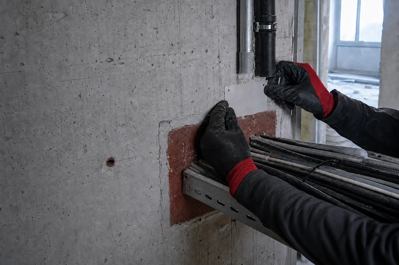 Arbeitsschutzhandschuhe und Leitungsführung an einer Betonwand im Rohbau
